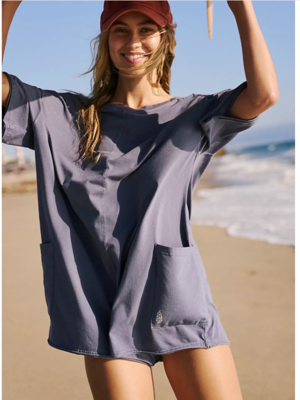 Free People Movement, Hot Shot Tee Romper, Blue Indigo, S/P